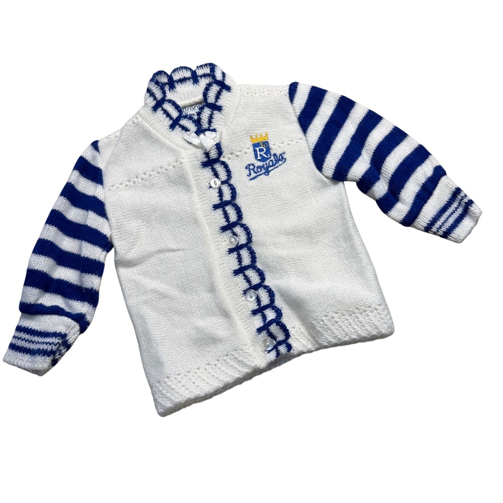 Vintage Kansas City Royals Baby Sweater White Blue‎ Striped Baseball Cardigan